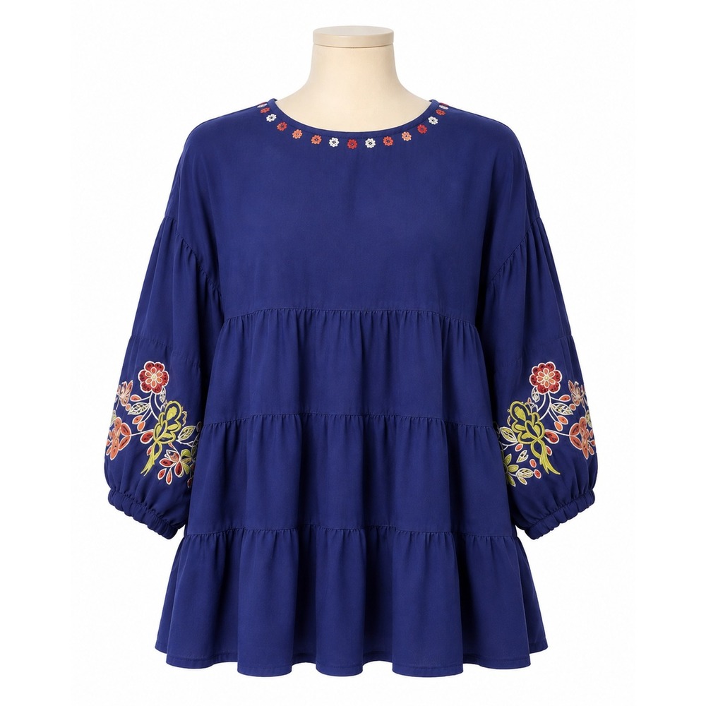 Embroidered Tiered Tunic Women's M Blue Peasant Boho Floral Top Balloon Sleeve